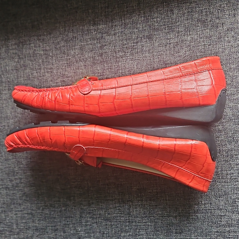 Red Stuart Weitzman patent Cocodrile  leather loafers With Gold  Trim - Picture 7 of 9